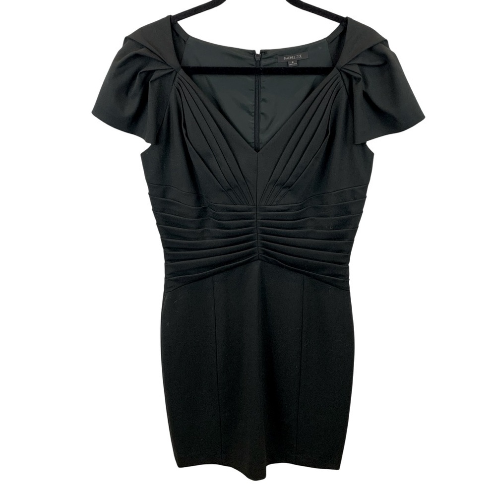 Rachel Zoe sz 8 Black Pleated V-Neck Cocktail Sheath Dress Wool Cap Sleeve LBD